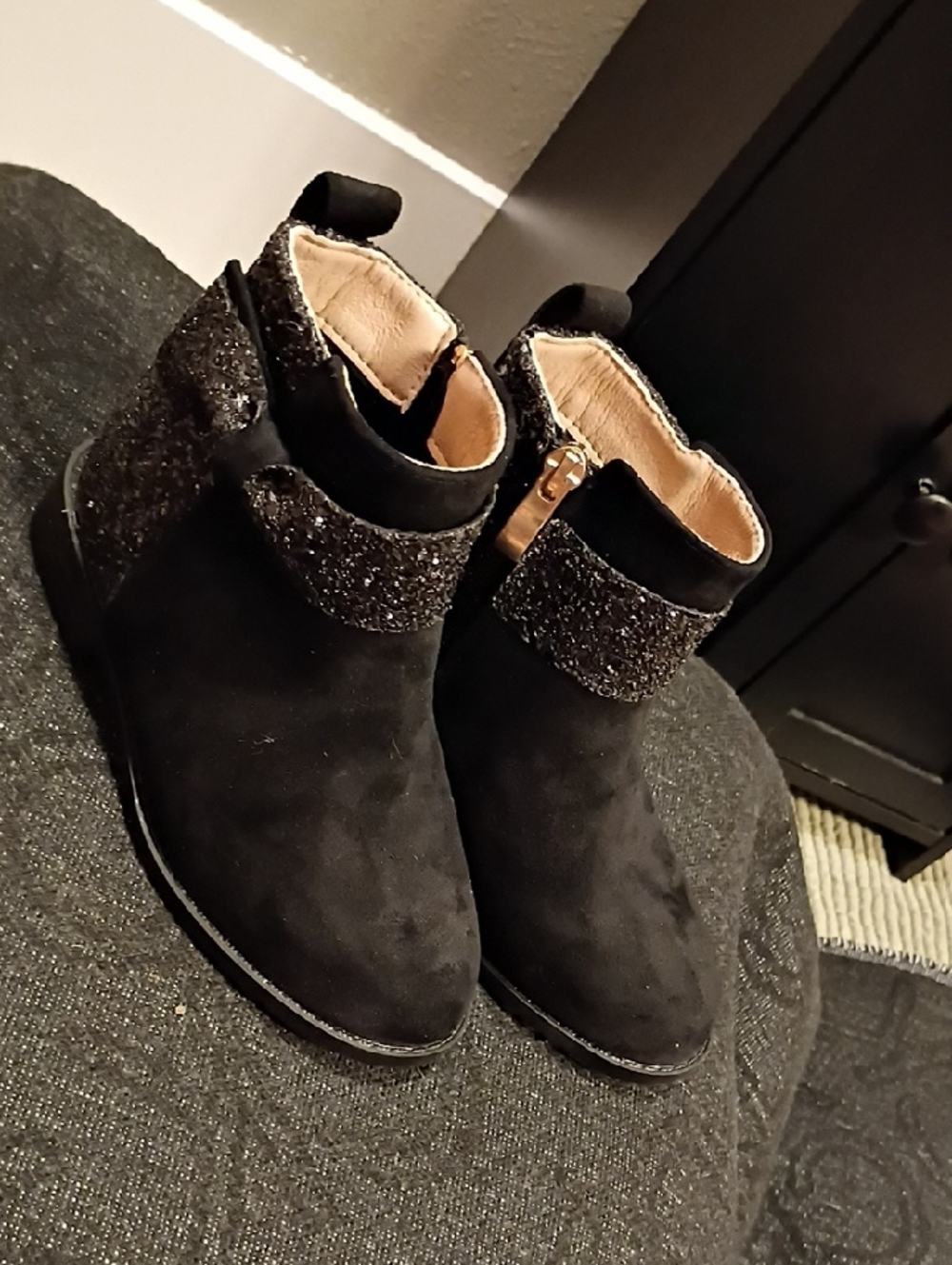 Kids Black Ankle Booties with Glitter Trim